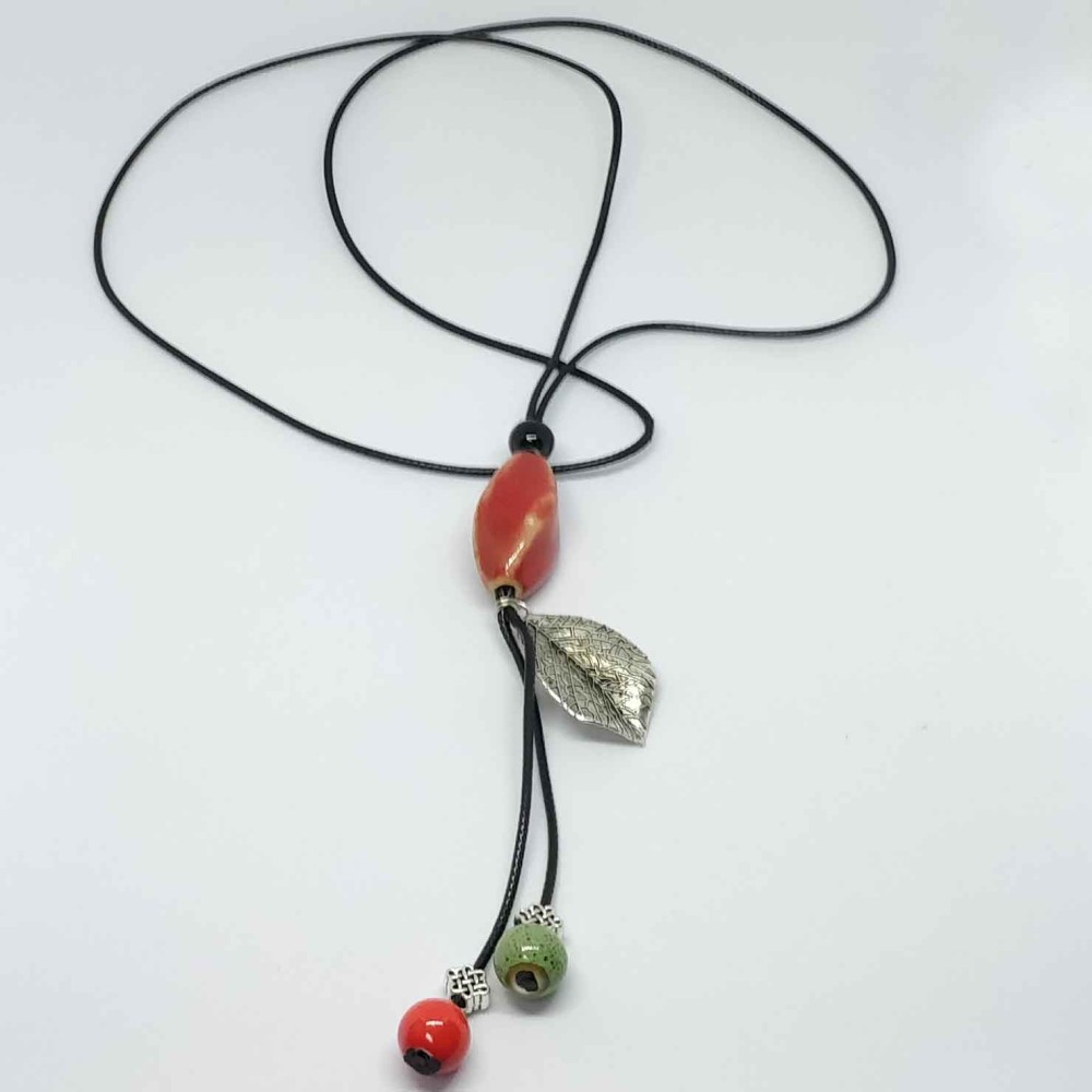 Masquedardos Collana Pietre Verdi Rosse Foglia Argento Con Finitura Corallo Verde