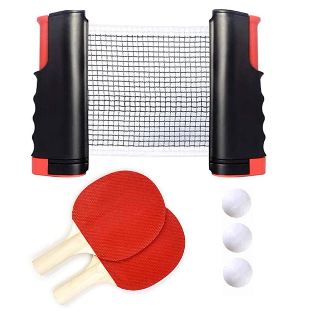 Masquedardos Set de stâlpi de plasă de ping-pong retractabil reglabil, negru/roșu, 2 palete și 3 mingi 4778