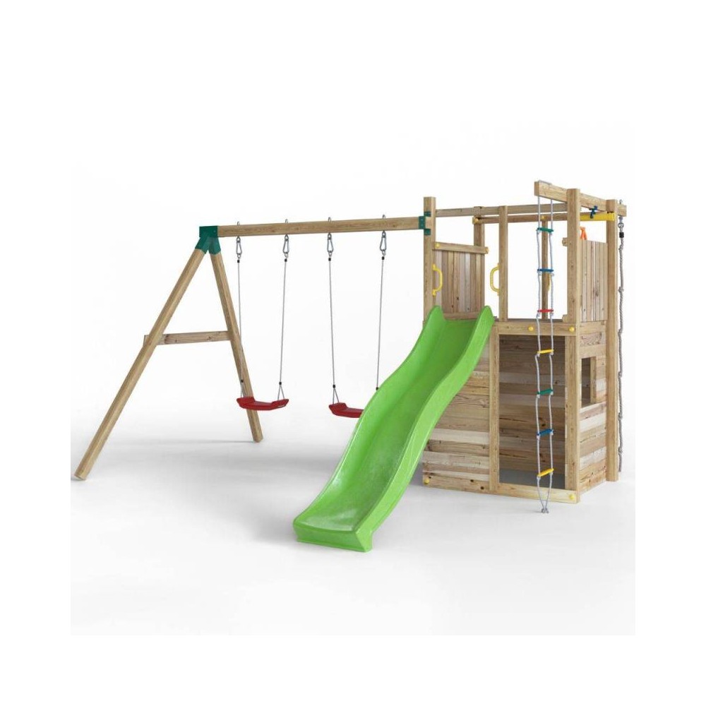 Masquedardos Parque Infantil De Madera Fungoo Houser Con Tobogán, Dos Columpios Y Casita De Juegos S-08520-p-k-xg-1