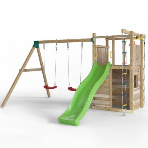 Masquedardos Parque Infantil De Madera Fungoo Houser Con Tobogán, Dos Columpios Y Casita De Juegos S-08520-p-k-xg-1